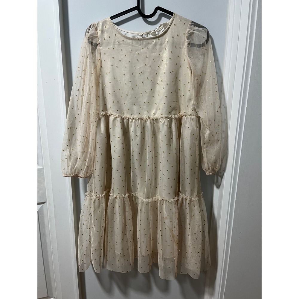 H&M Girls Gold Polka Dot Tulle Tiered Dress Long Sleeve Cream Size 8